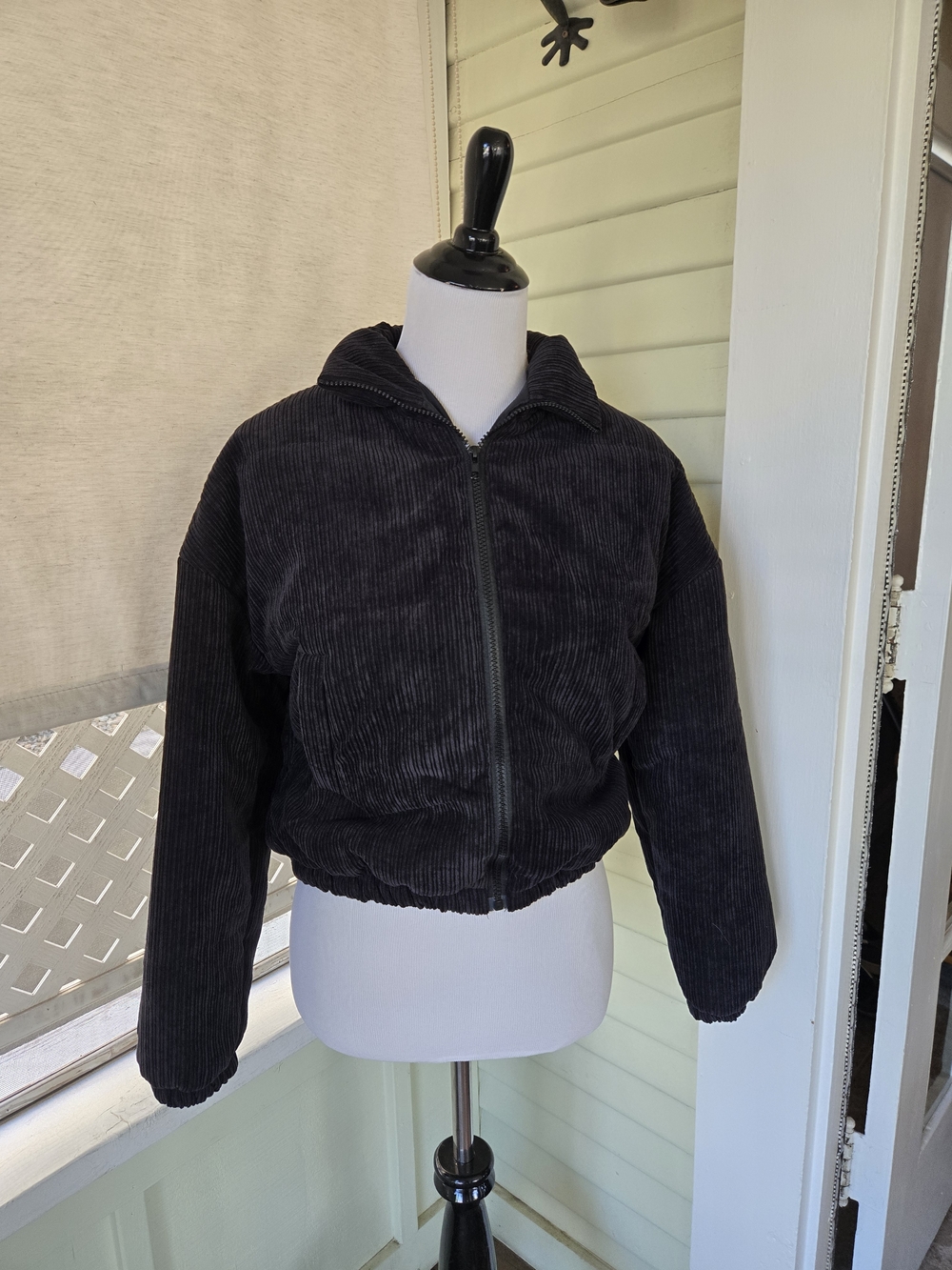 SHEIN Black Corduroy Cropped Bomber Jacket